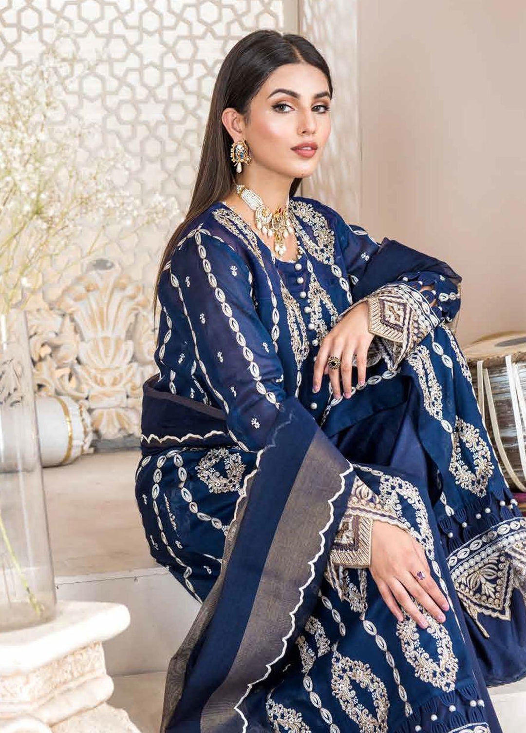 Nawaz Fabrics Embroidered Cotton Net Suits Unstitched 4 Piece LBNFE22 D-01 - Summer Collection