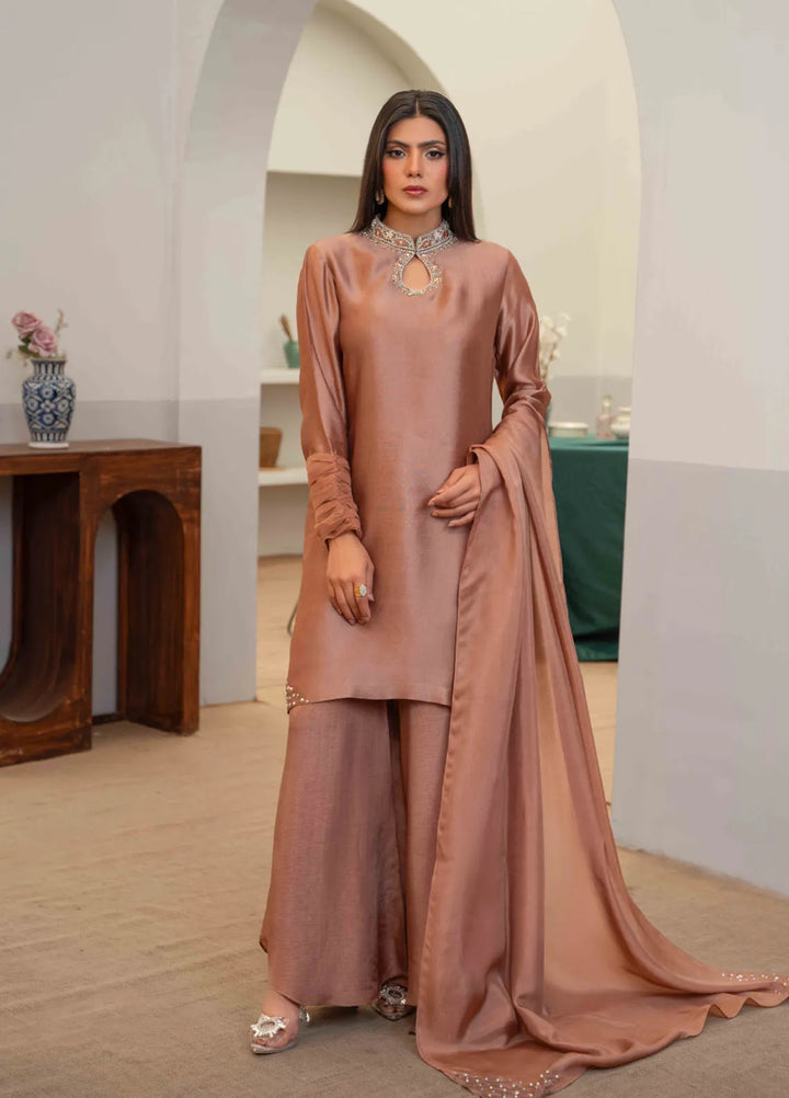 Louis by Hadia Batool Pret Embroidered Mirror Silk 3 Piece Suit Noele
