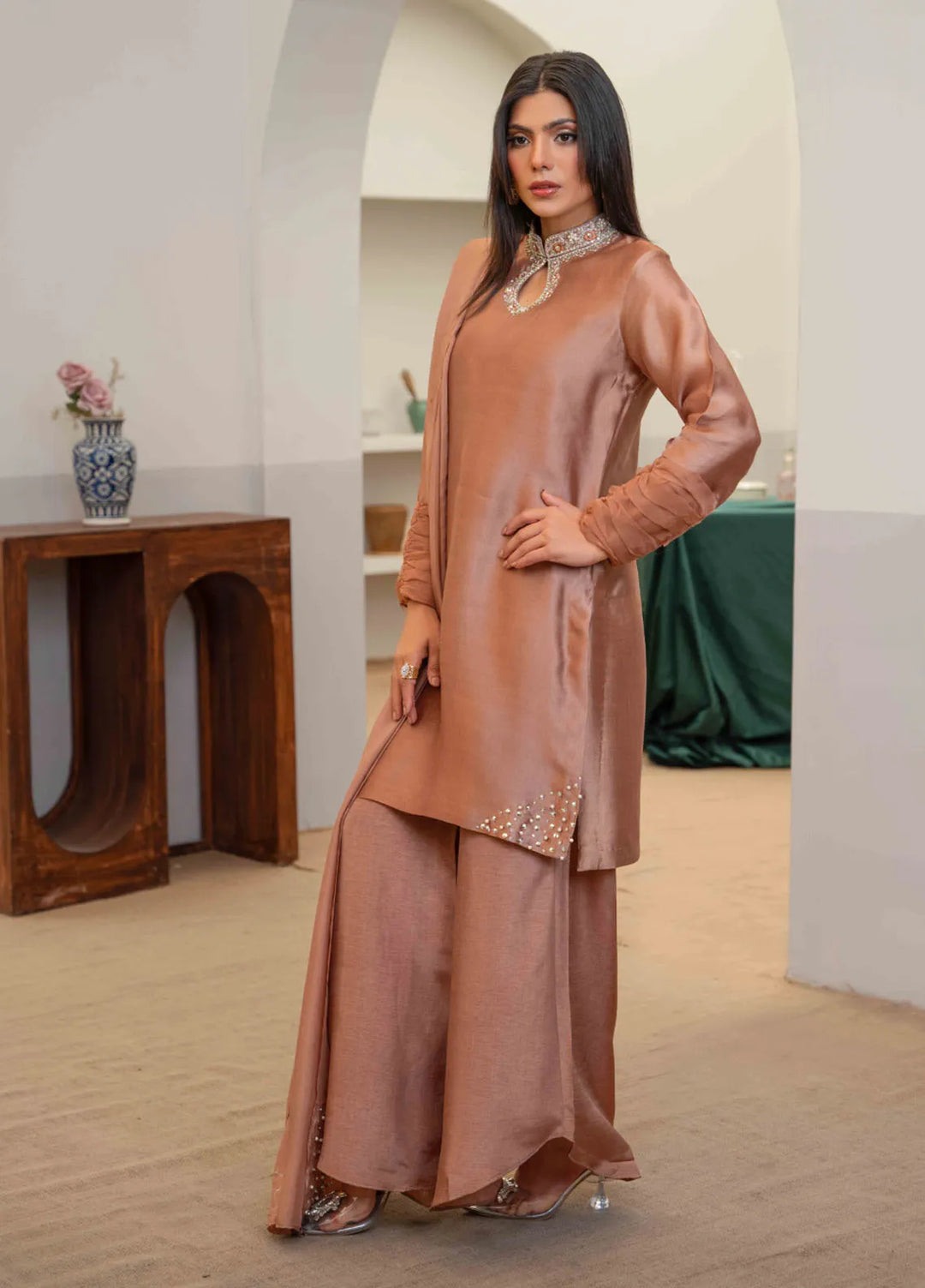 Louis by Hadia Batool Pret Embroidered Mirror Silk 3 Piece Suit Noele
