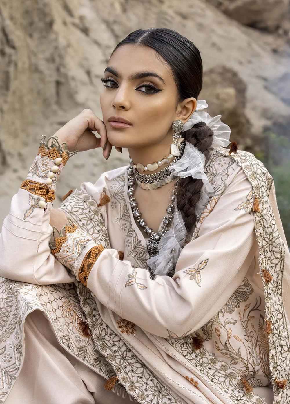 Lyra by Meerak Embroidered Peach Wool Suit Unstitched 3 Piece MRK24LW D-09 Zeen - Winter Collection