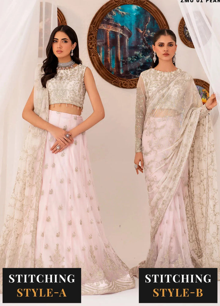 Maheer by Zarif Embroidered Net Suits Unstitched 3 Piece ZR25UF ZMU 01 Pearl - Formals Collection