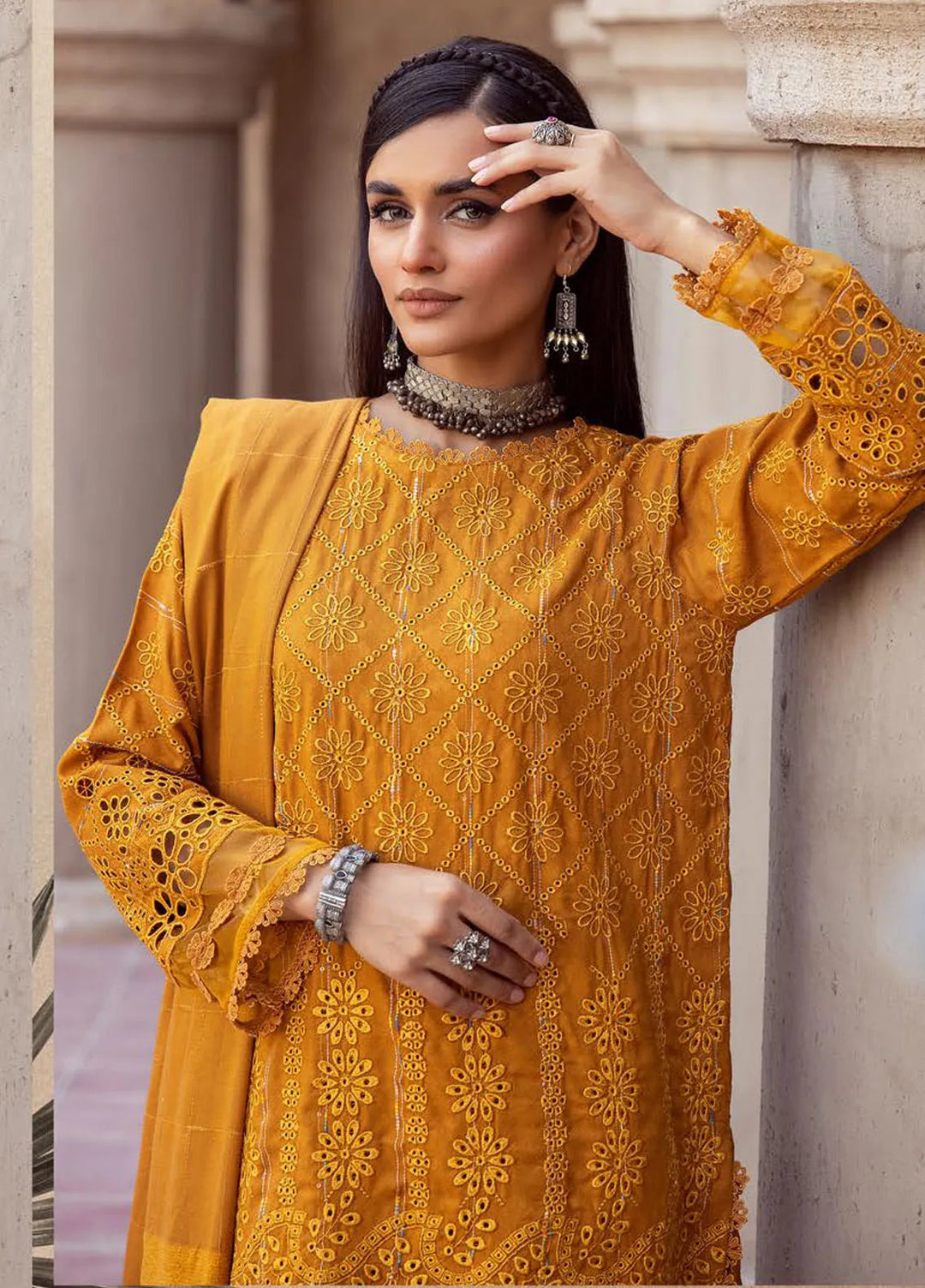 Mahees by Riaz Arts Embroidered Leather Peach Suits Unstitched 3 Piece RA24ML D-01 - Winter Collection