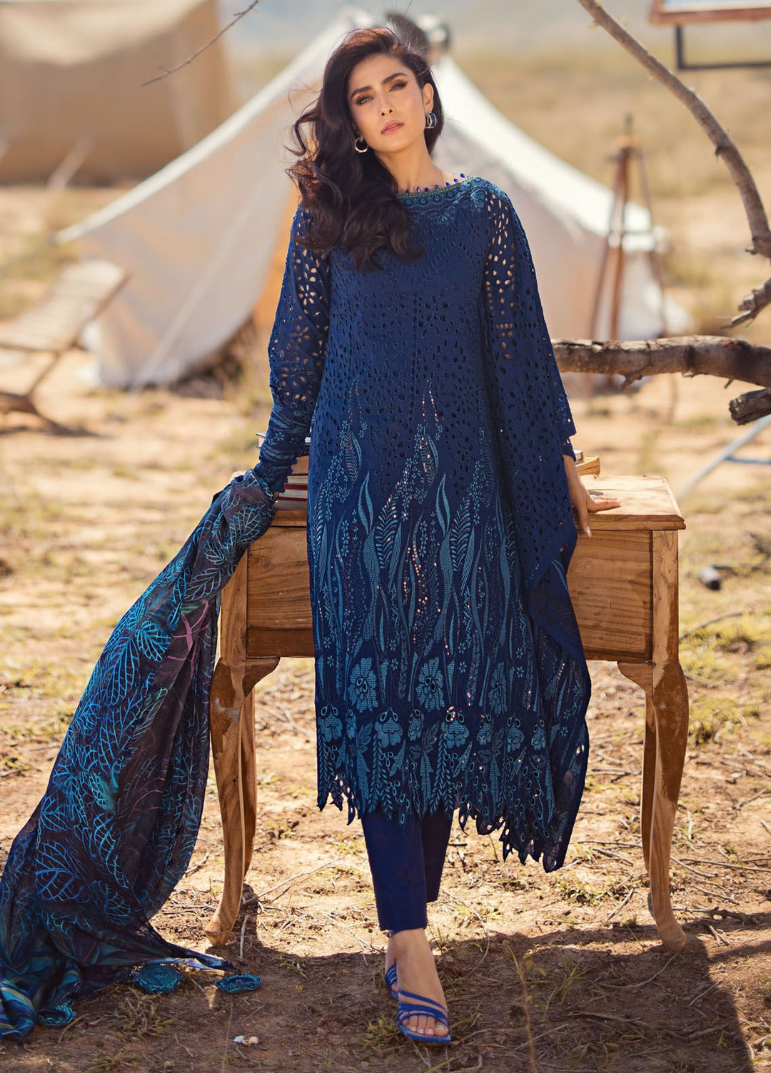 Mahiymaan By Al Zohaib Embroidered Lawn Suits Unstitched 3 Piece MAH24LL M-01 Sapphire Shadow - Luxury Collection