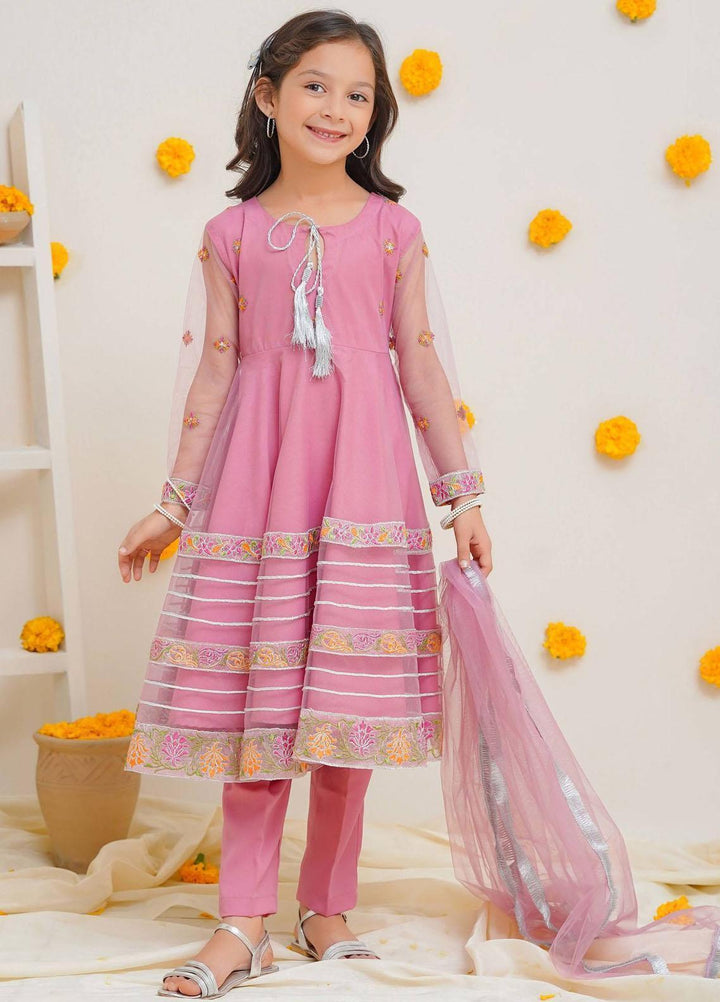 Modest Pret Embroidered Net 3 Piece Suit Gulabi
