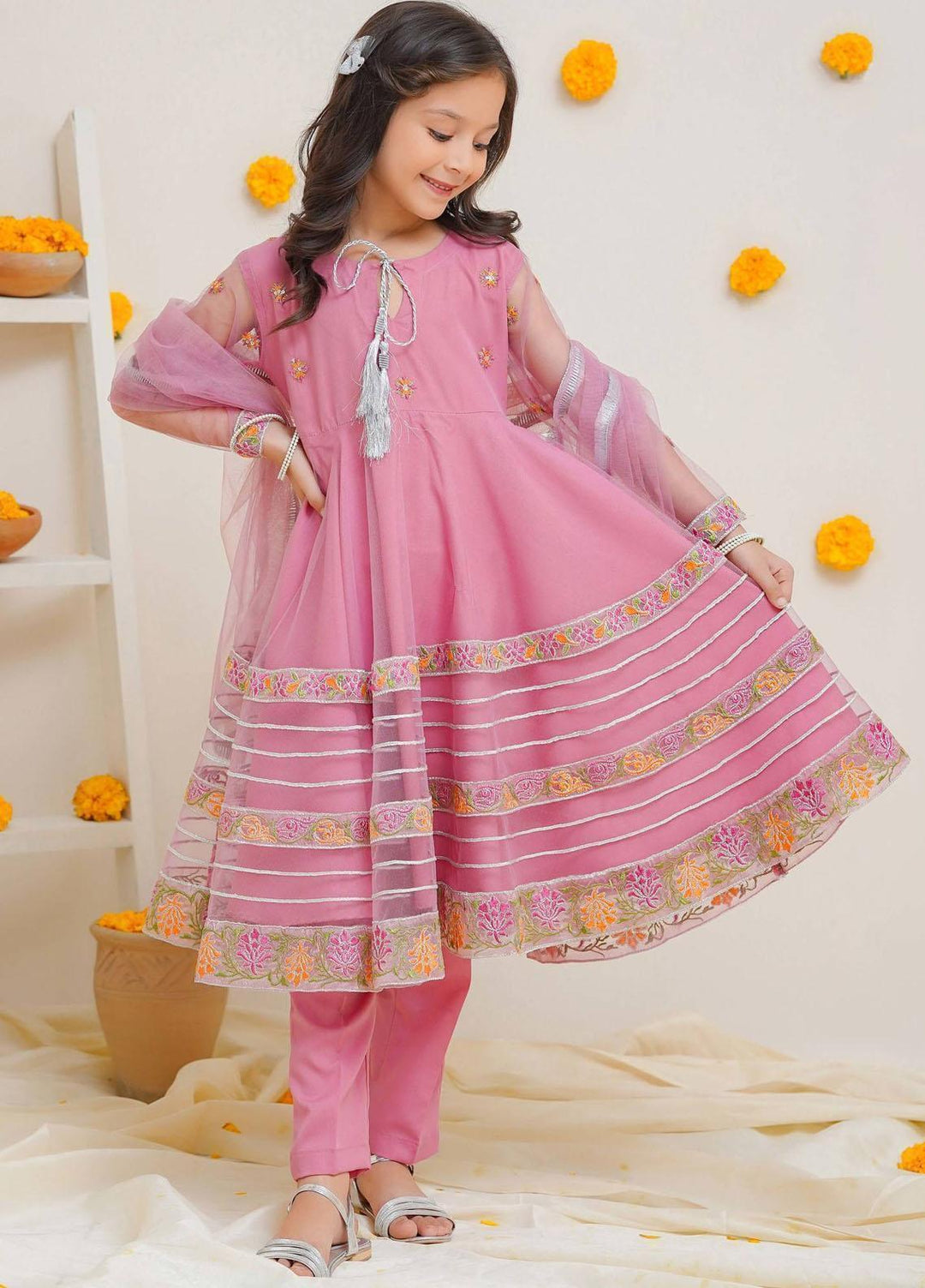 Modest Pret Embroidered Net 3 Piece Suit Gulabi