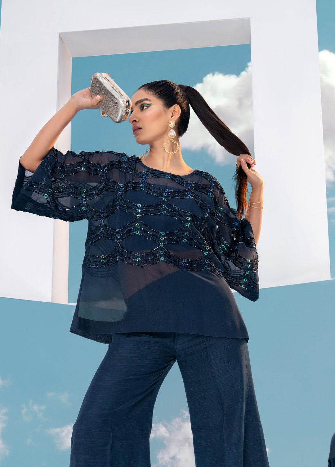 Maira Zunnorain Western Wear Georgette Pret 2 Piece Dress Blue Opium MZC 01F