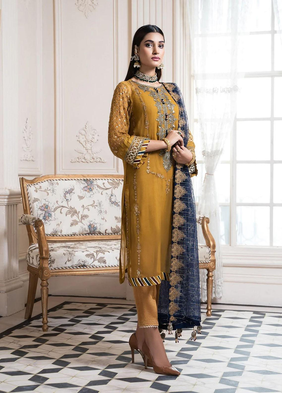 Maleena Embroidered Chiffon Suits Unstitched 3 Piece MLN22DH Pansy - Luxury Collection