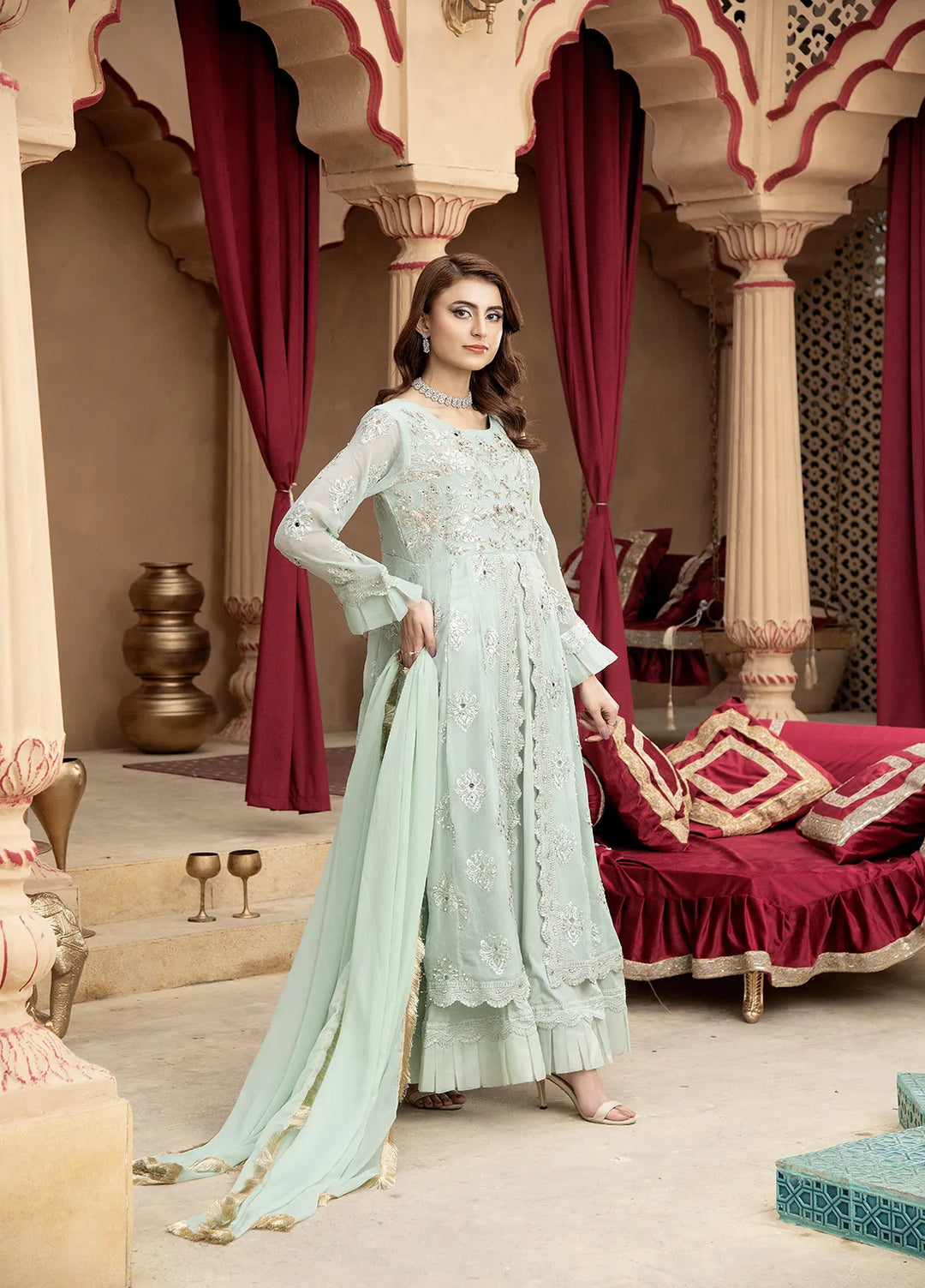 Manahils Pret Embroidered Chiffon 3 Piece Suit B 006 Aqua
