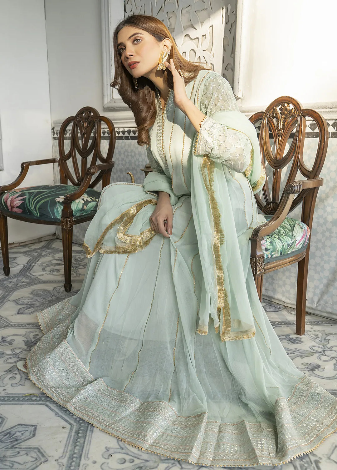 Manahils Pret Embroidered Chiffon 3 Piece Suit Kurti-106-Green