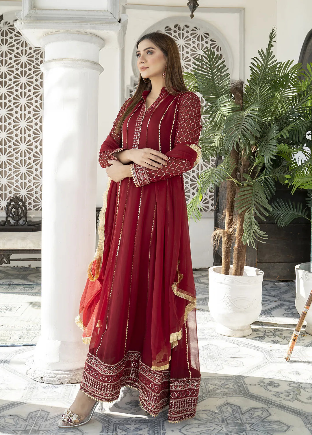 Manahils Pret Embroidered Chiffon 3 Piece Suit Kurti-106-Mehroon