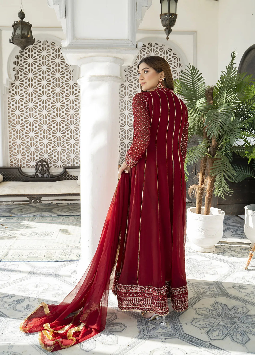Manahils Pret Embroidered Chiffon 3 Piece Suit Kurti-106-Mehroon