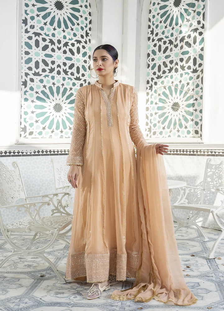 Manahils Pret Embroidered Chiffon 3 Piece Suit Kurti-106-Peach