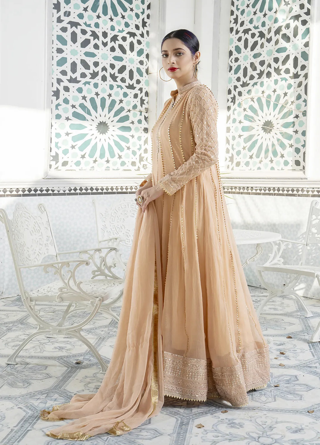 Manahils Pret Embroidered Chiffon 3 Piece Suit Kurti-106-Peach