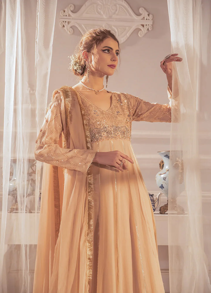 Manahils Pret Embroidered Chiffon 3 Piece Suit KURTI 108 Peach