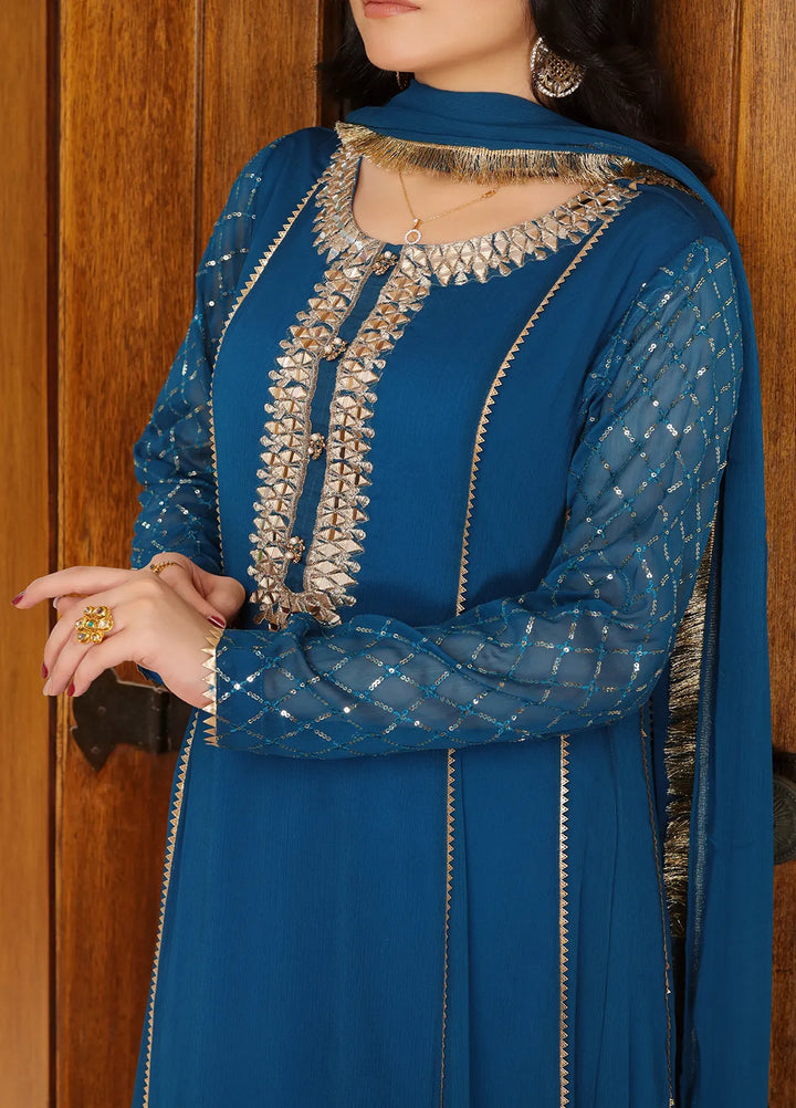 Manahils Pret Embroidered Chiffon 3 Piece Suit KURTI 123 Aquamarine