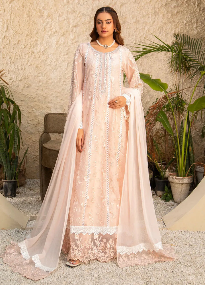 Manahils Pret Embroidered Khaddi Net 3 Piece Suit K-152-Peach