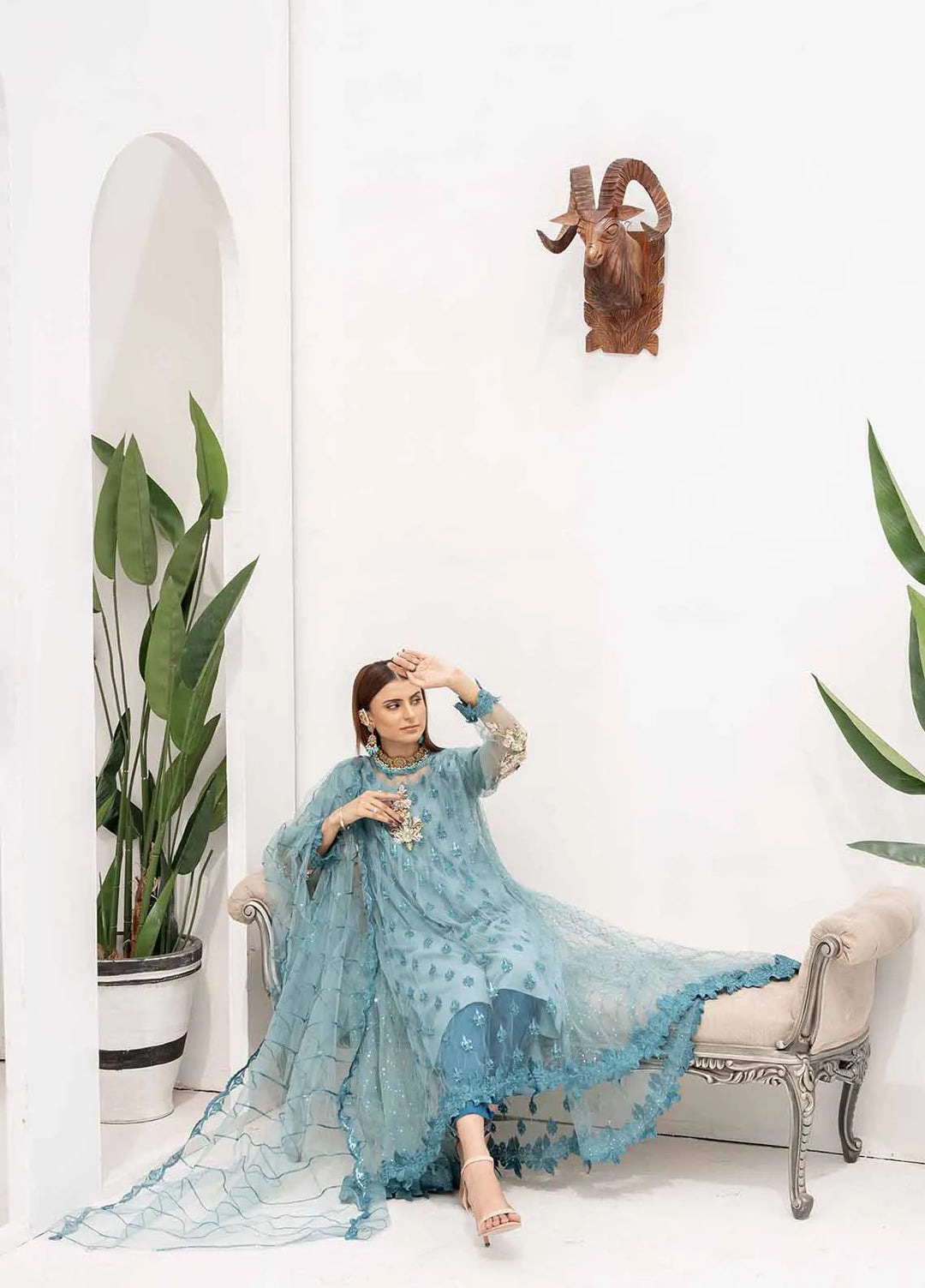 Manahils Pret Embroidered Net 2 Piece KURTI 084 Ice Blue