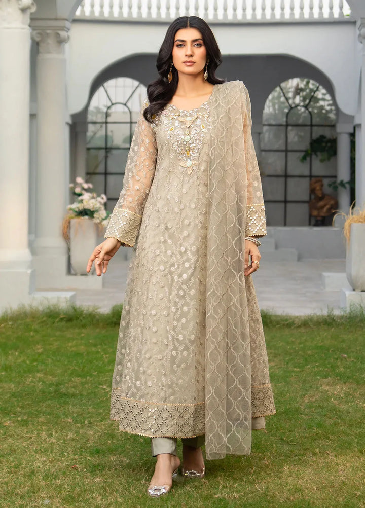 Manahils Pret Embroidered Net 3 Piece Suit K-137-Champagne