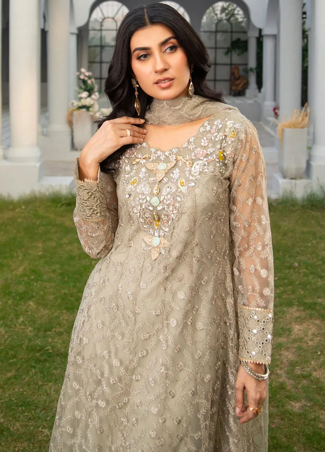 Manahils Pret Embroidered Net 3 Piece Suit K-137-Champagne