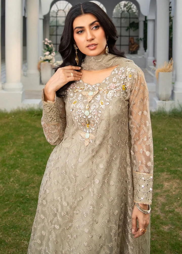 Manahils Pret Embroidered Net 3 Piece Suit K-137-Champagne