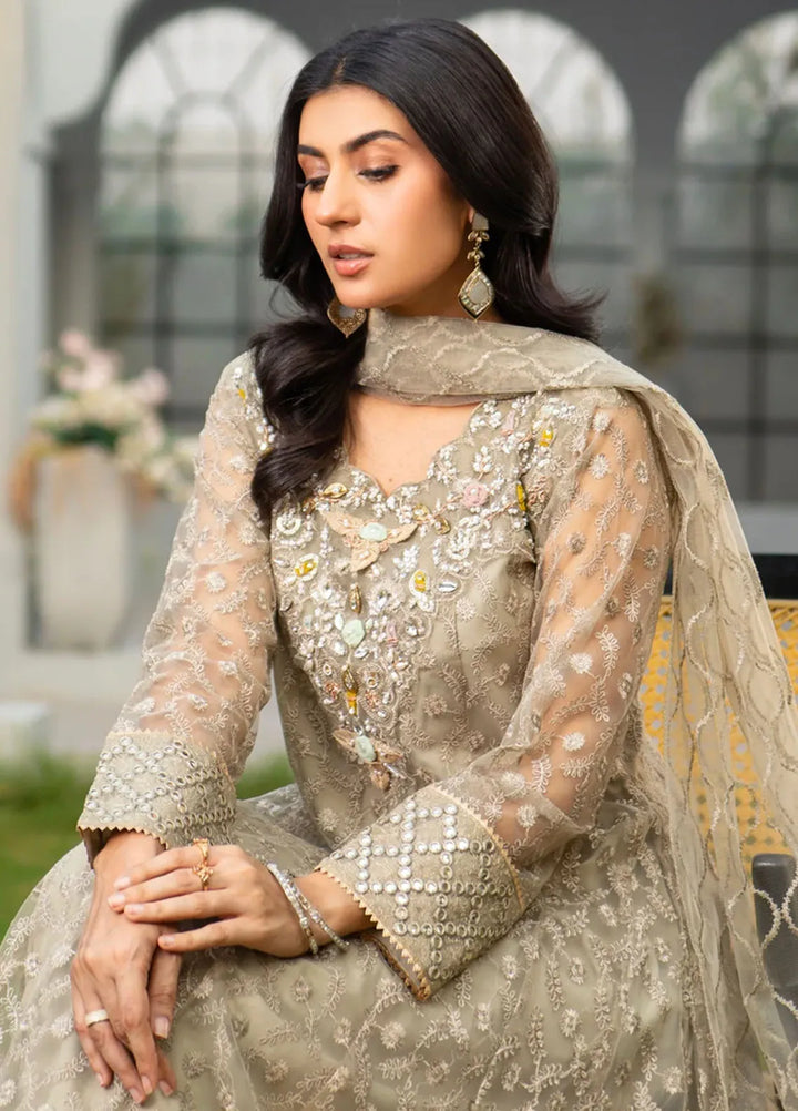 Manahils Pret Embroidered Net 3 Piece Suit K-137-Champagne