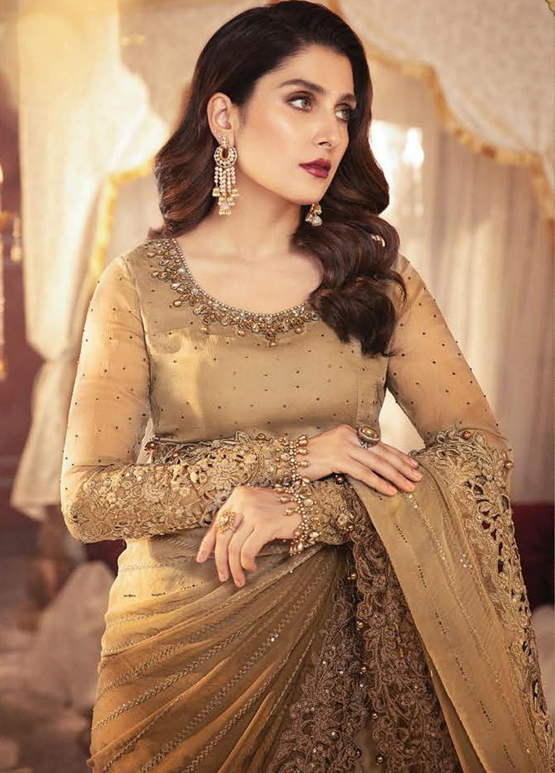 Mbroidered By Maria B Embroidered Unstitched Chiffon Chocolate Cappuccino Saree MB21WD D6 - Wedding Collection