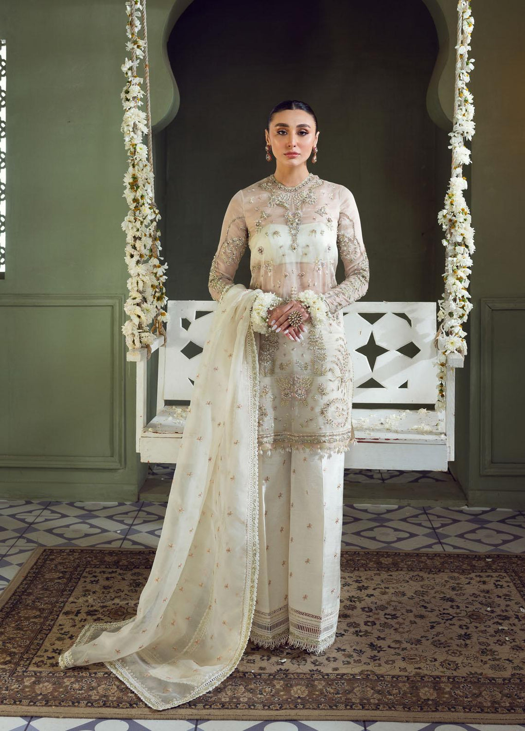 Maria Minahil Luxury Pret  Organza 3 Piece Dress MRM23JM MNF-04 Mahi White