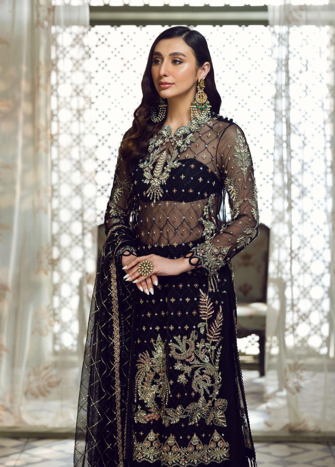 Maria Minahil Luxury Pret  Net 3 Piece Dress MRM23JM MNF-05 Reem Black