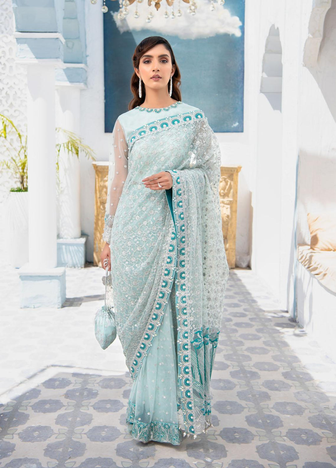 Maria Osama Khan Embroidered Net Unstitched Saree MOK22FU ELISE-S-2 - Luxury Festive Collection