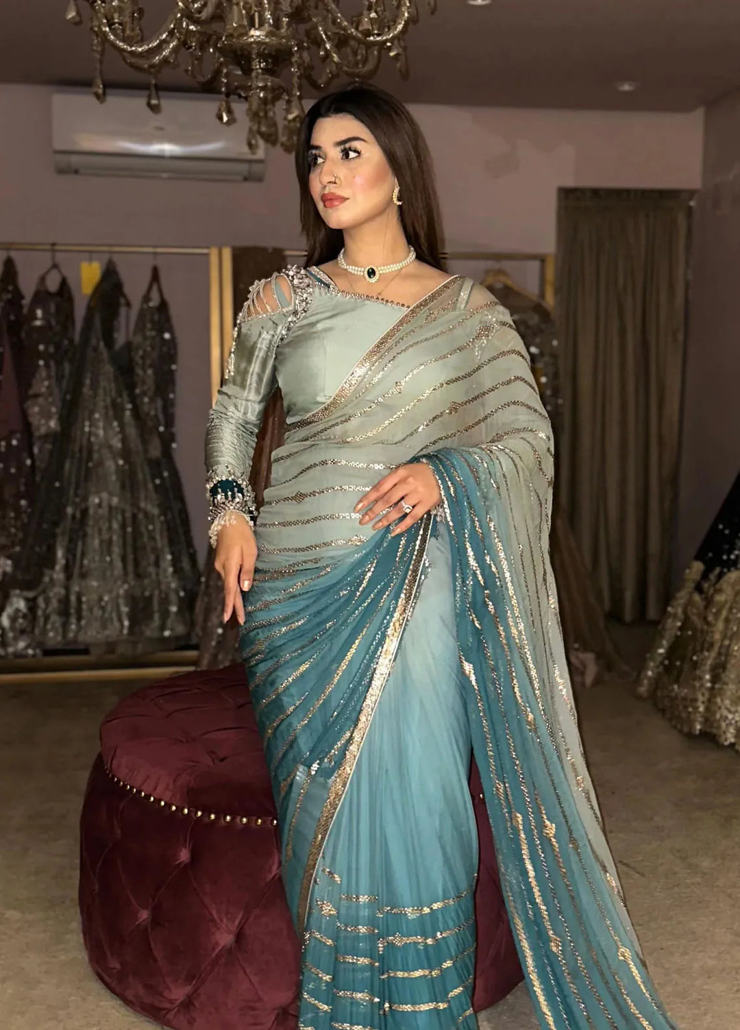 Maria Osama Khan Pret Embroidered Chiffon Blue Saree