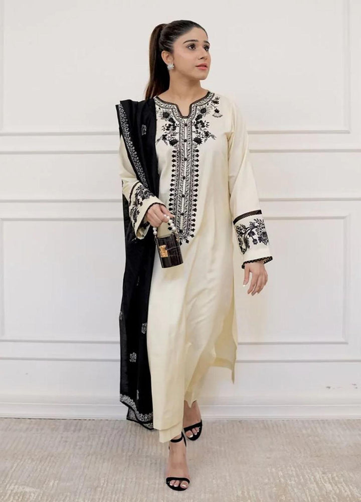 Maroon by Iqra Chaudhry Pret Embroidered Khaadi Silk 3 Piece Suit Vainilla Off-White