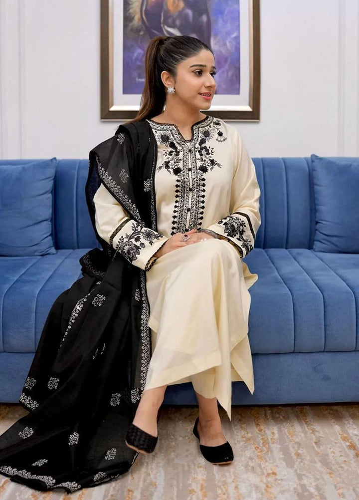 Maroon by Iqra Chaudhry Pret Embroidered Khaadi Silk 3 Piece Suit Vainilla Off-White