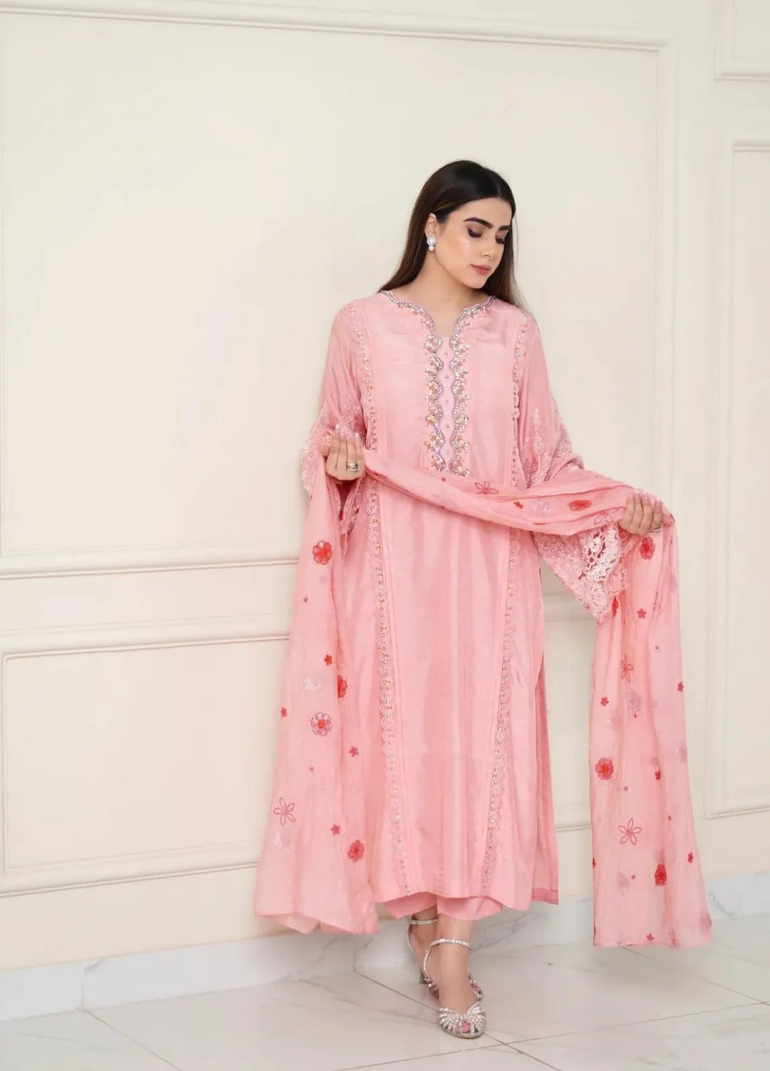 Maroon by Iqra Chaudhry Pret Embroidered Raw Silk 3 Piece Suit Flamingo Pink