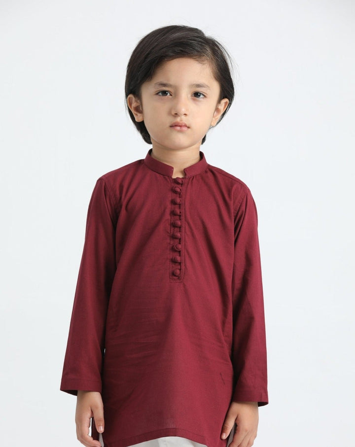 Muraqsh Ready To Wear Solids  Boys Maroon Cotton Kurta Trouser MURSCKT - Summer Collection
