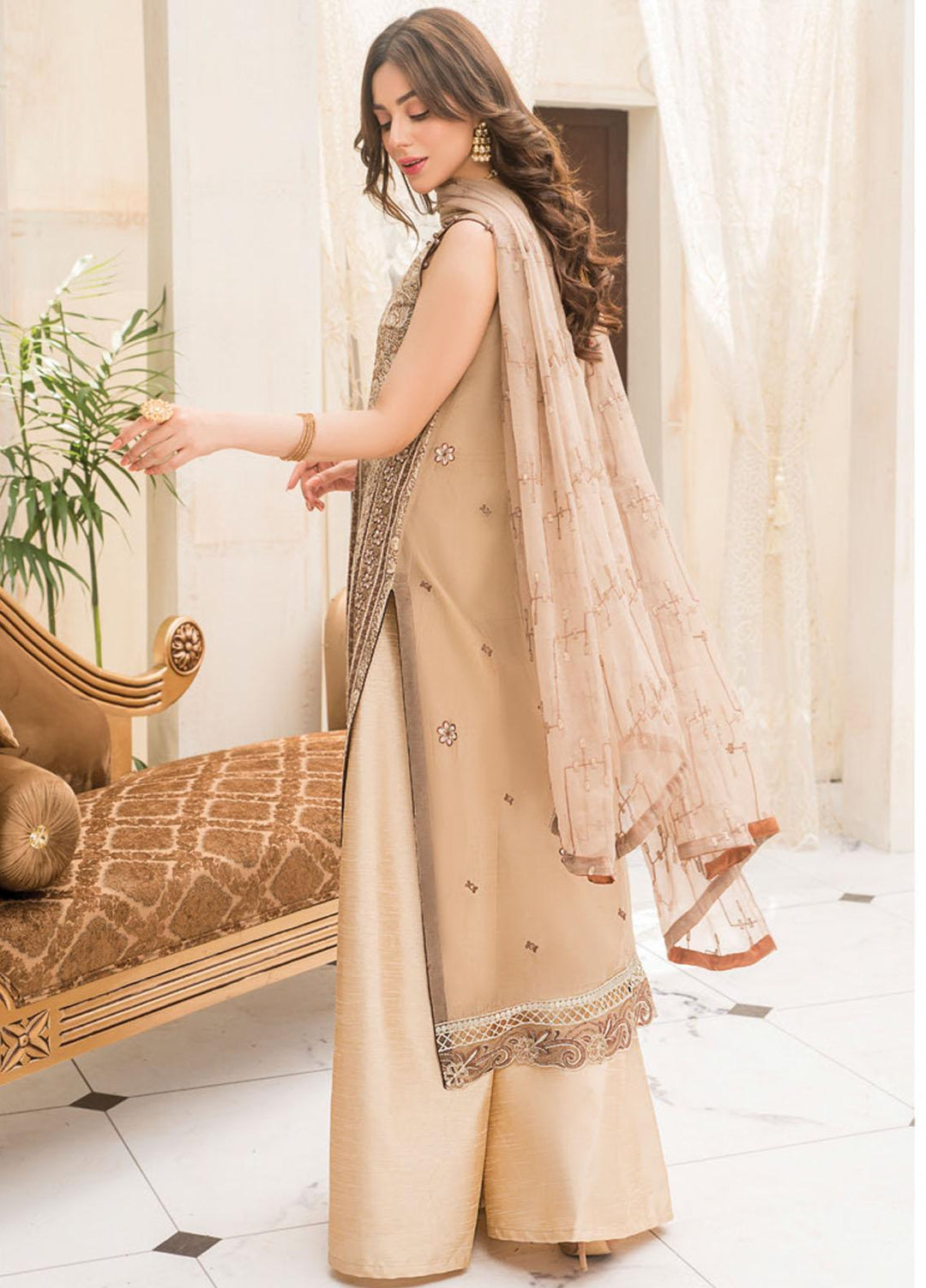 Maryam's Embroidered Chiffon Suits Unstitched 3 Piece MRM21C D-02 Beige Sequin - Luxury Collection