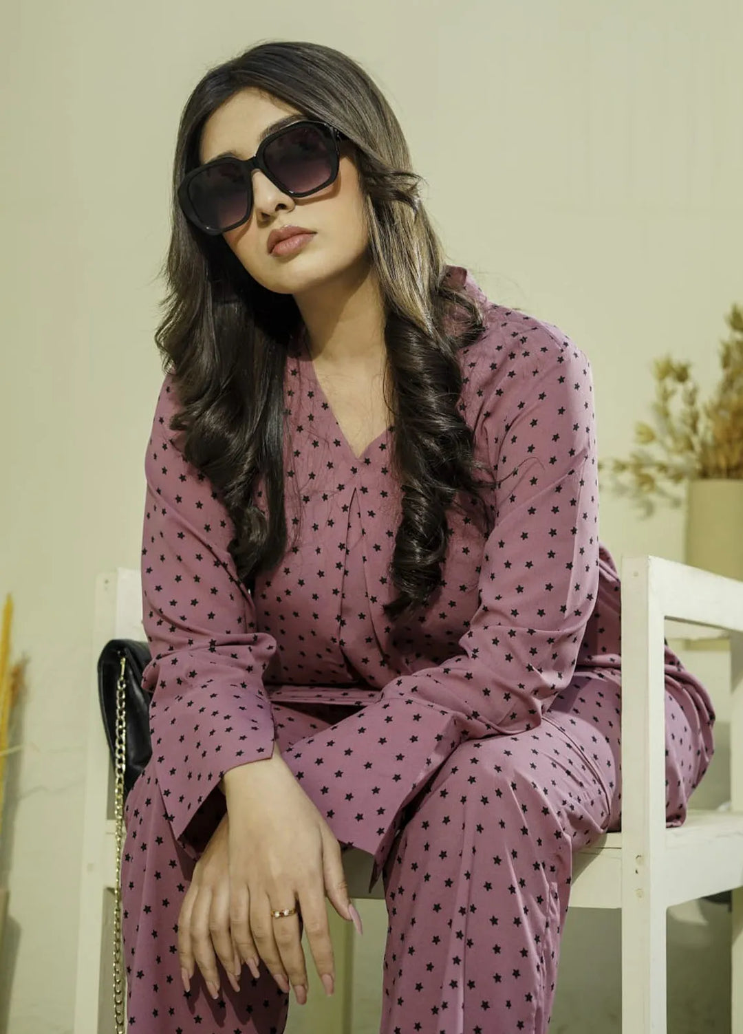 MeBae Apparel Pret Printed Crepe 2 Piece Suit Trendy Starry Pink
