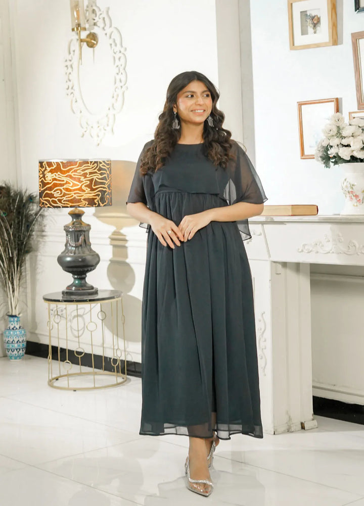 Mebae Apparels Pret Cricnkle Chiffon 1 Piece Flared Grey Midi Frock