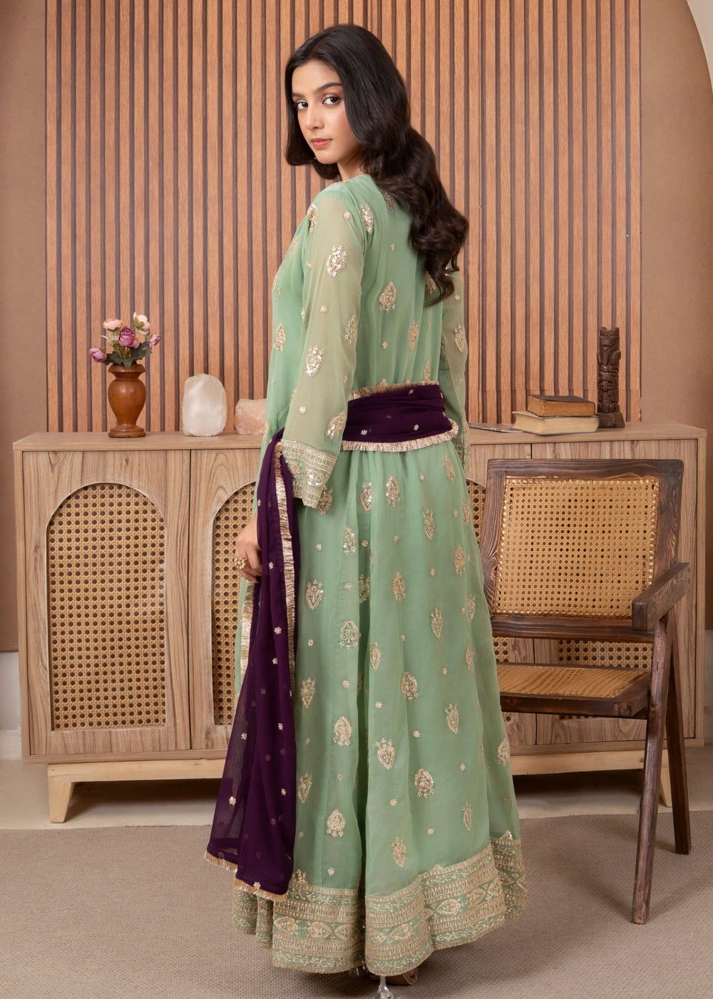 Mommy and Me by Abaan Zohan RTW Embroidered Chiffon 3 Piece Suit Raunak Pastel Green - Festive Collection
