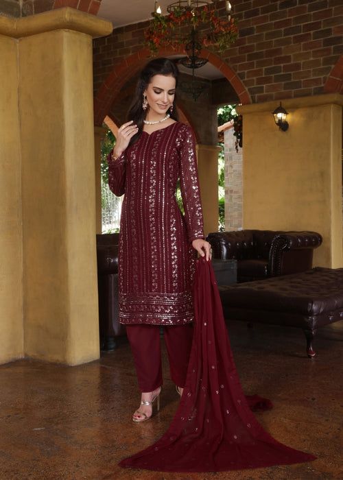 Abaan Zohan Women RTW Embroidered Chiffon 3 Piece Suit Chandni Maroon - Festive Collection