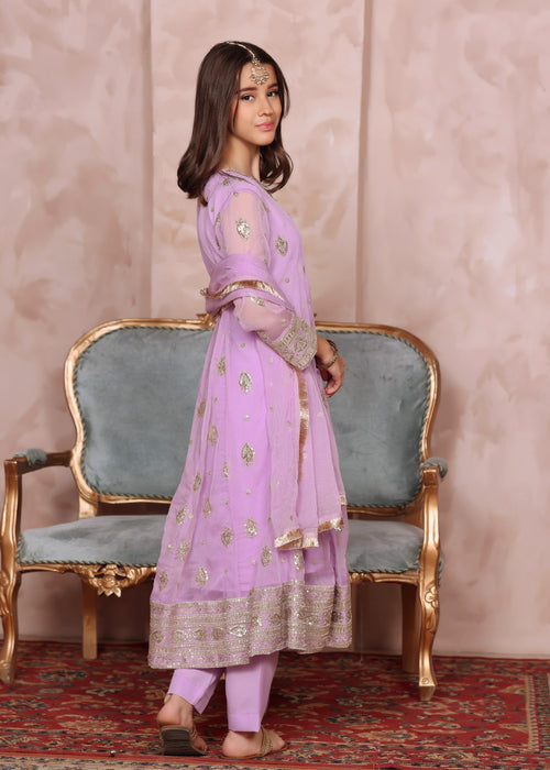Mommy and Me by Abaan Zohan RTW Embroidered Chiffon 3 Piece Suit Raunak Kids Light Lilac - Festive Collection