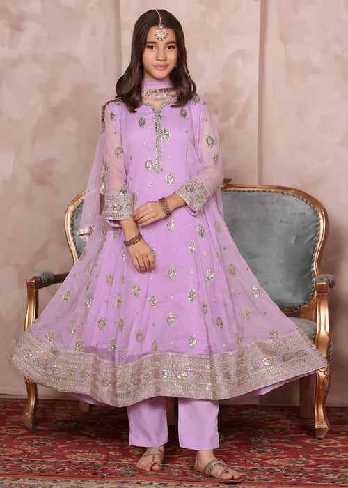 Mommy and Me by Abaan Zohan RTW Embroidered Chiffon 3 Piece Suit Raunak Kids Light Lilac - Festive Collection