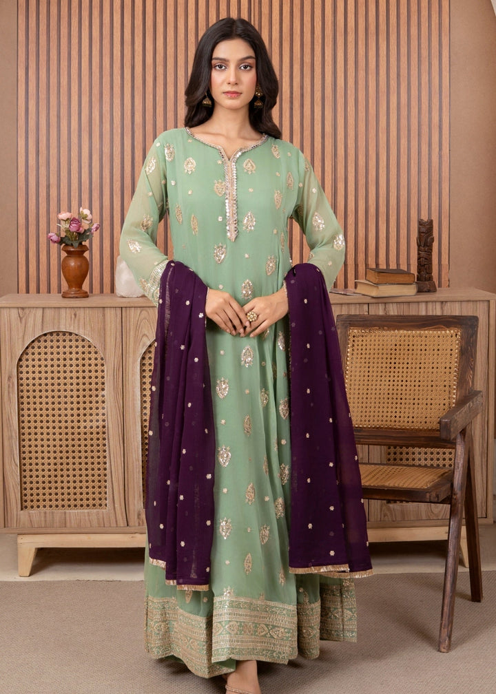 Mommy and Me by Abaan Zohan RTW Embroidered Chiffon 3 Piece Suit Raunak Pastel Green - Festive Collection