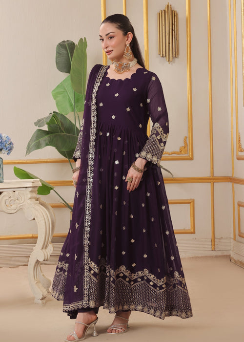 Abaan Zohan Women RTW Embroidered Chiffon 3 Piece Suit Dhanak Purple - Festive Collection