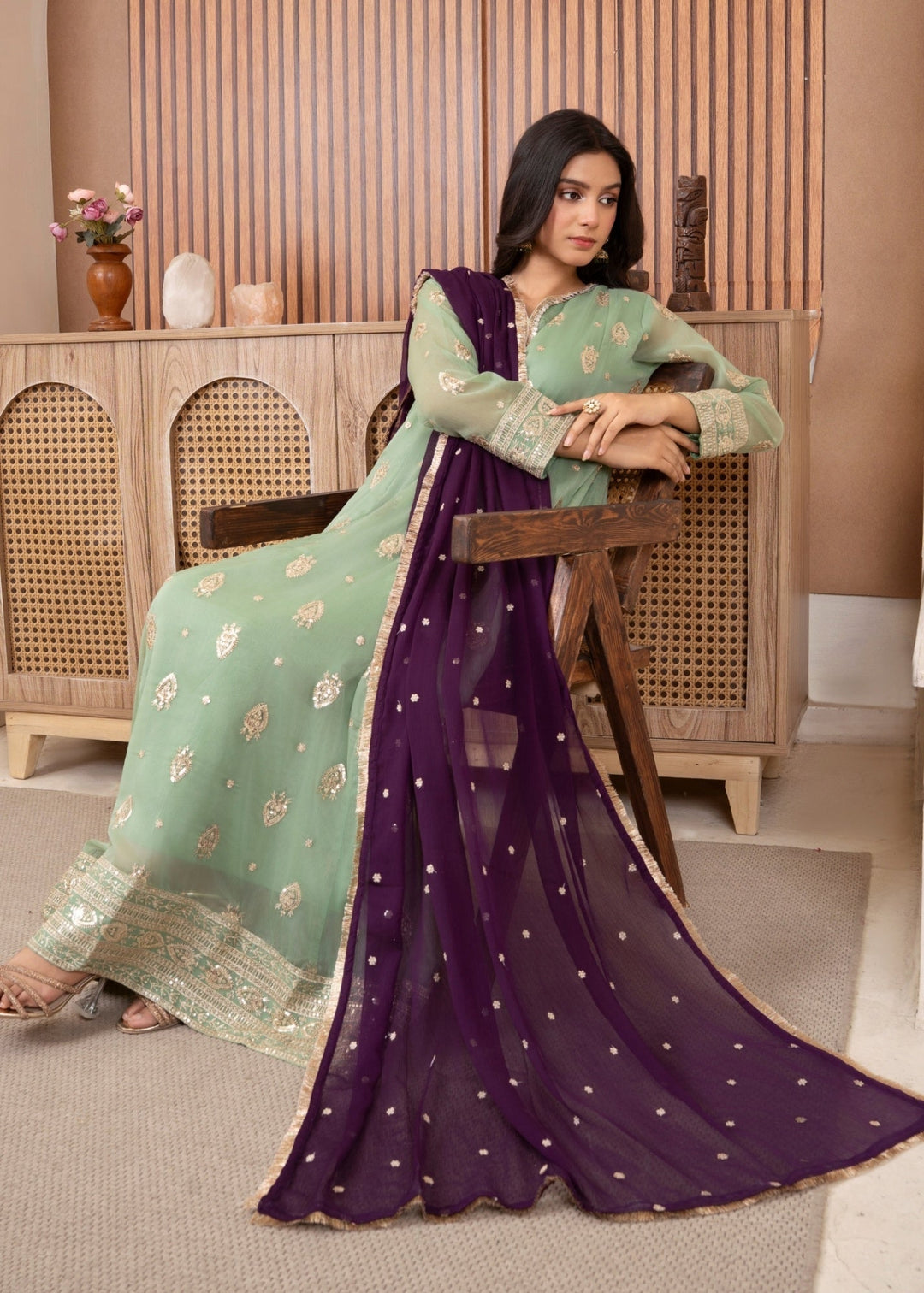 Mommy and Me by Abaan Zohan RTW Embroidered Chiffon 3 Piece Suit Raunak Pastel Green - Festive Collection