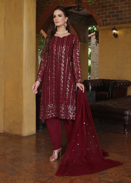 Abaan Zohan Women RTW Embroidered Chiffon 3 Piece Suit Chandni Maroon - Festive Collection