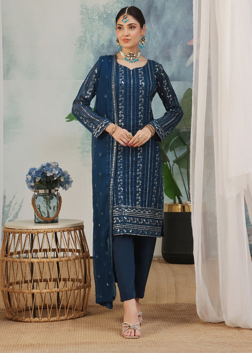 Abaan Zohan Women RTW Embroidered Chiffon 3 Piece Suit Chandni Peacock - Festive Collection