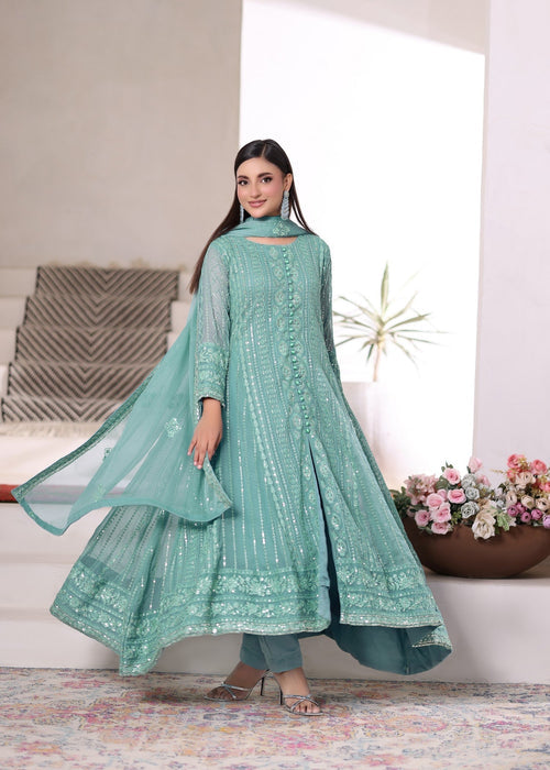 Rang e Haseen by Abaan Zohan RTW Embroidered chiffon 3 Piece Suit Zeno Aqua - Festive Collection