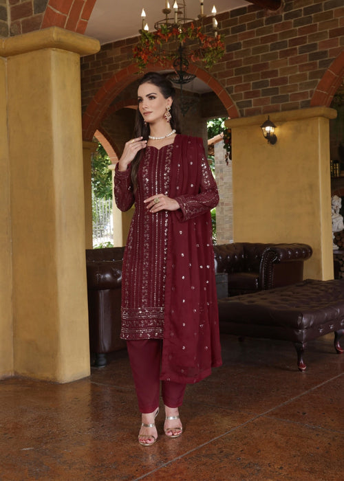 Abaan Zohan Women RTW Embroidered Chiffon 3 Piece Suit Chandni Maroon - Festive Collection