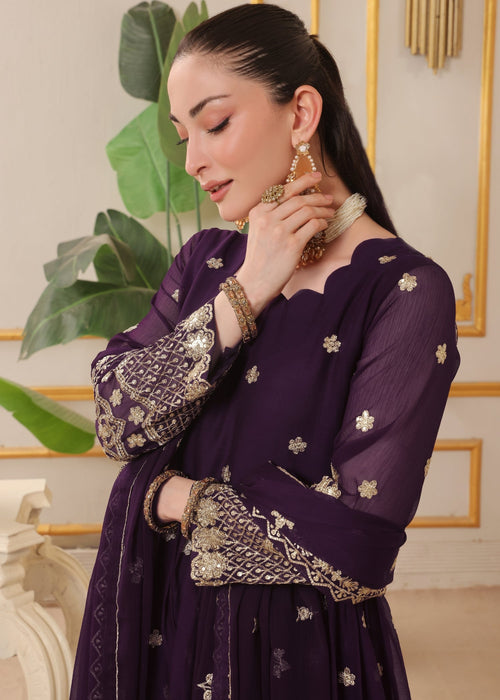 Abaan Zohan Women RTW Embroidered Chiffon 3 Piece Suit Dhanak Purple - Festive Collection