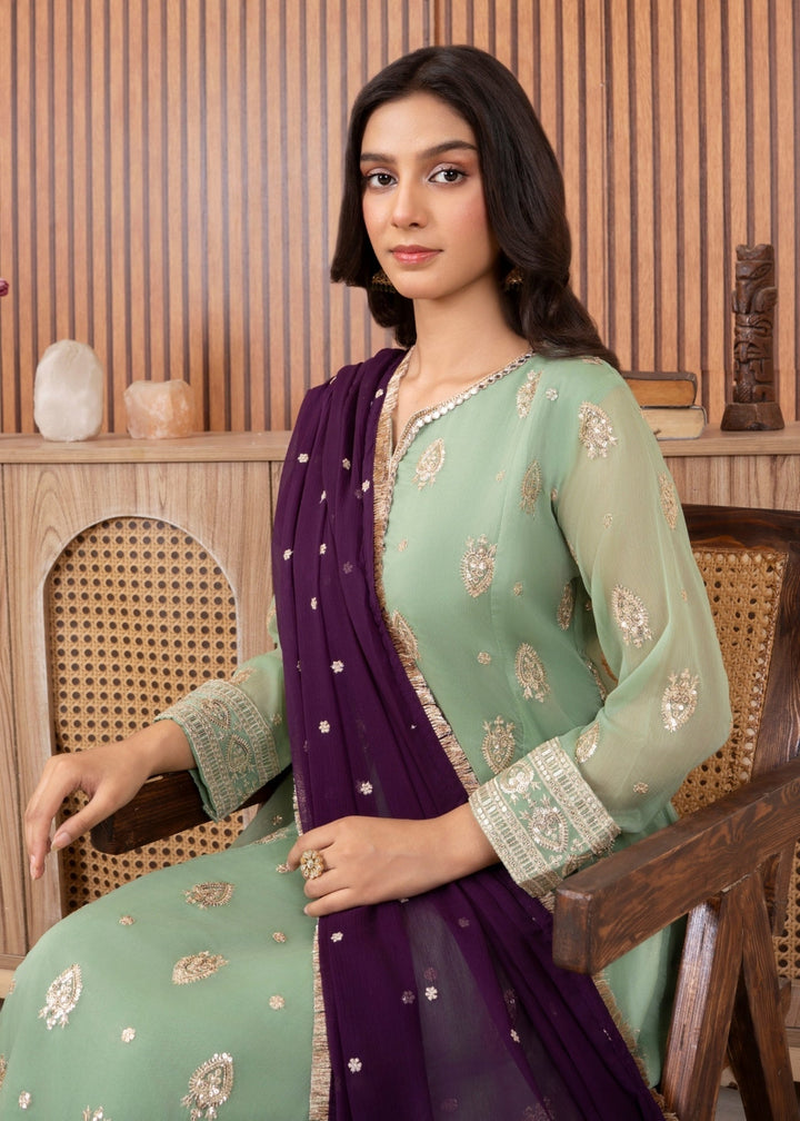 Mommy and Me by Abaan Zohan RTW Embroidered Chiffon 3 Piece Suit Raunak Pastel Green - Festive Collection